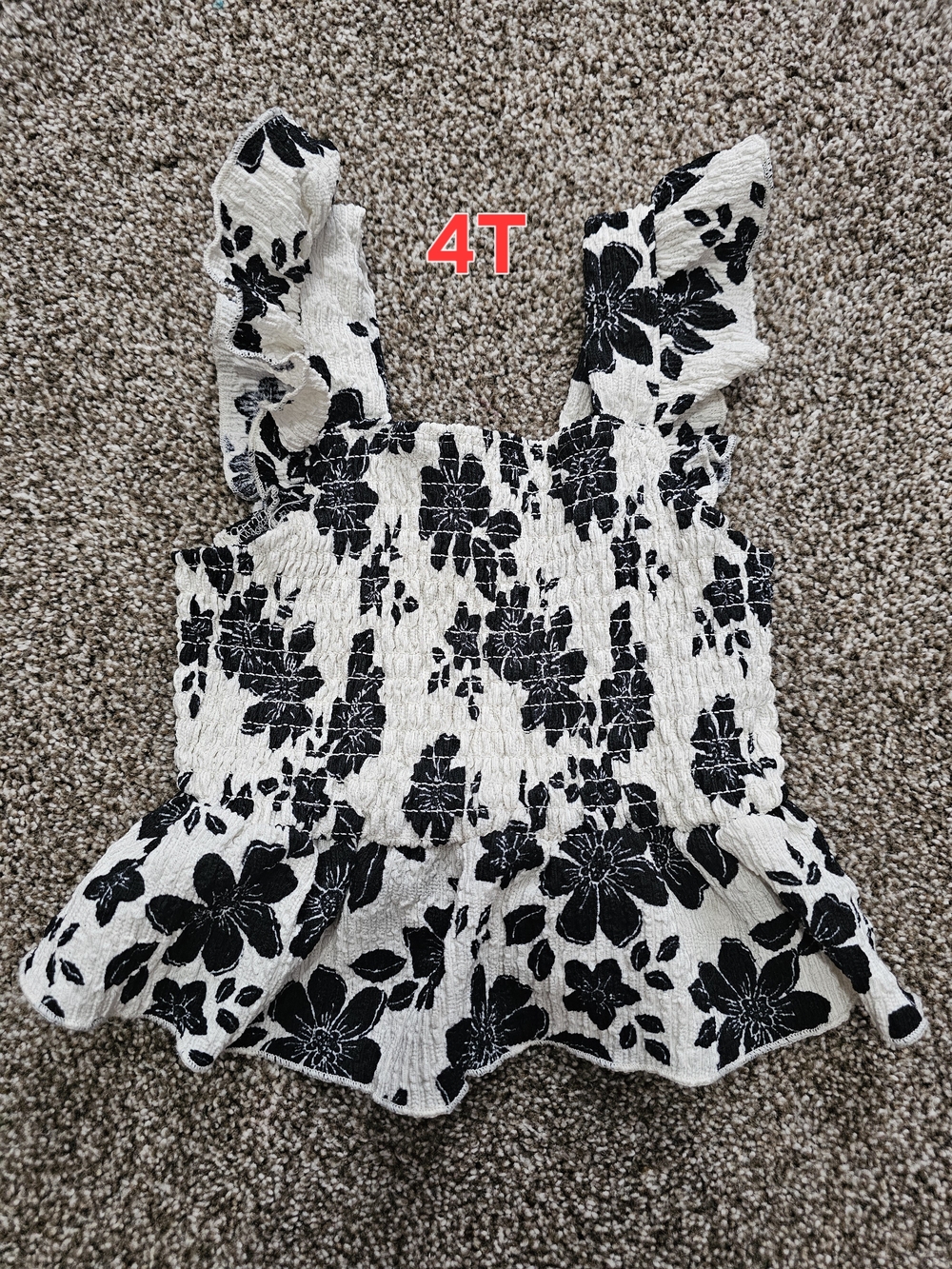 Girls Black & White Floral Ruffle Tank Top